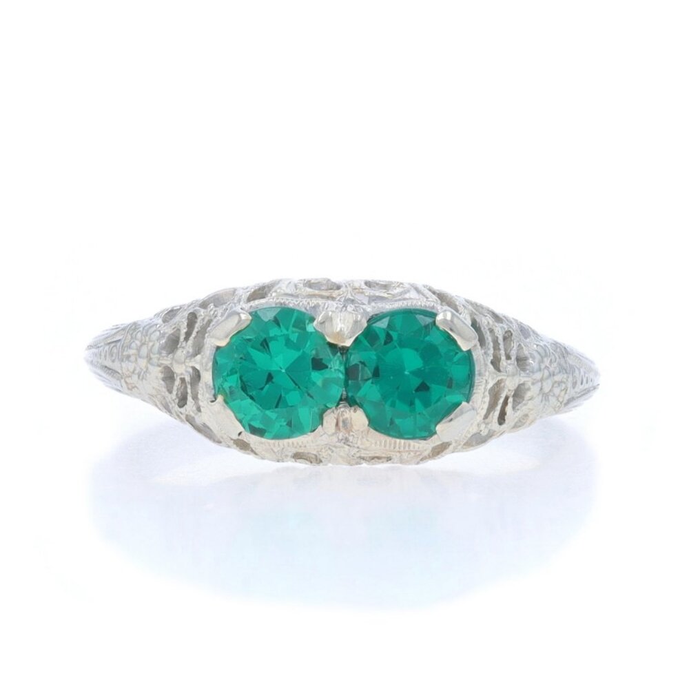 White Gold Simulated Emerald Art Deco Two-Stone Ring - 18k Round